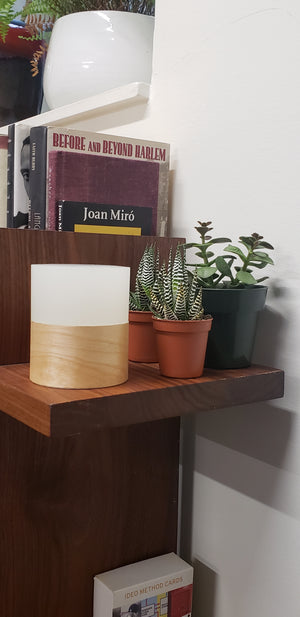 
                  
                    Ola portable lamp with real Birch veneer base placed on bookshelf beside succulents.
                  
                